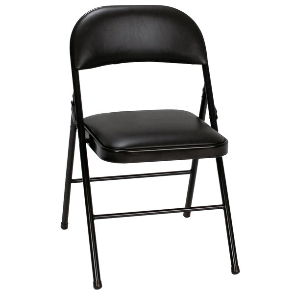 A Bridgeport Essentials black vinyl padded folding chair with a cushion.