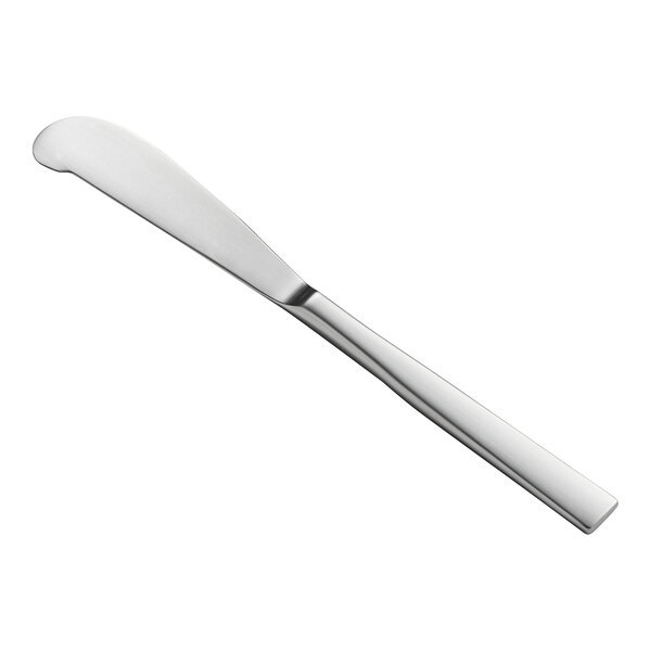 A Fortessa Spada stainless steel butter knife with a solid silver handle.