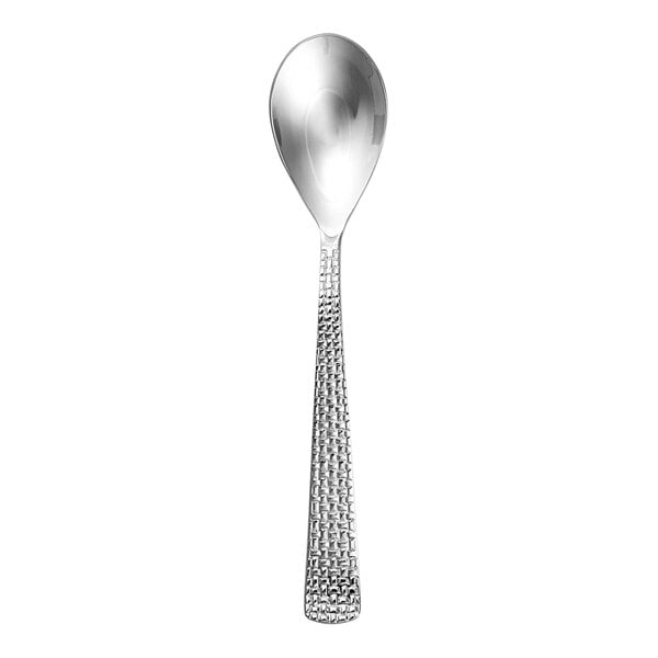 A Fortessa Cestino stainless steel soup/dessert spoon with a textured handle.