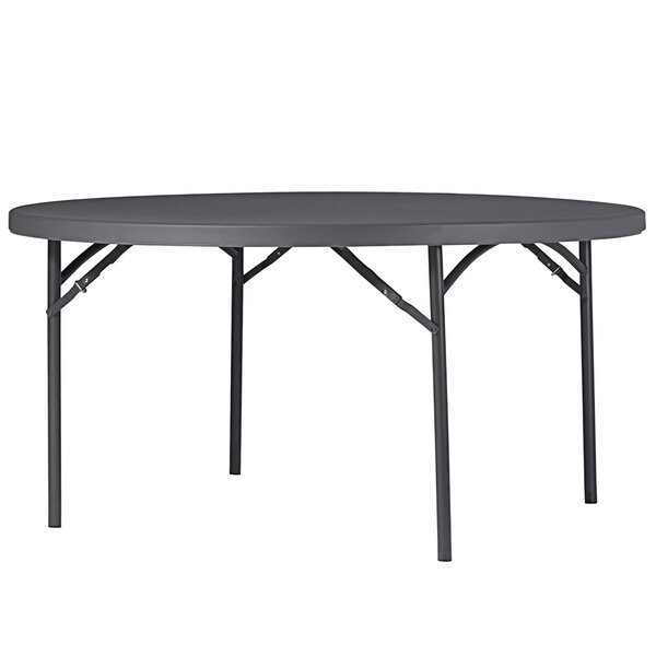 A ZOWN round gray resin folding table with a metal frame.