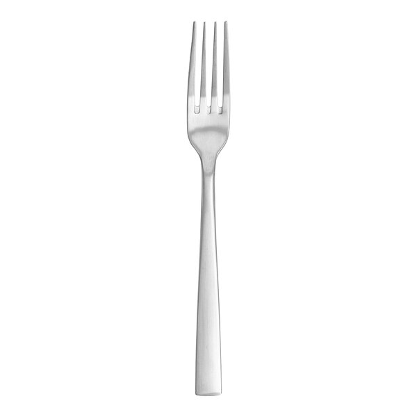 A silver Fortessa Spada table fork with a white background.