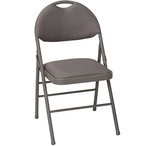 A dark taupe Bridgeport Essentials folding chair with a fabric cushion.