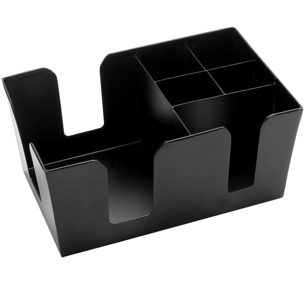 An American Metalcraft matte black stainless steel bar caddy with six compartments.