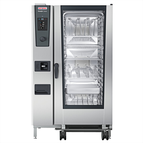 A large silver Rational iCombi Classic electric combi oven with a stainless steel door.