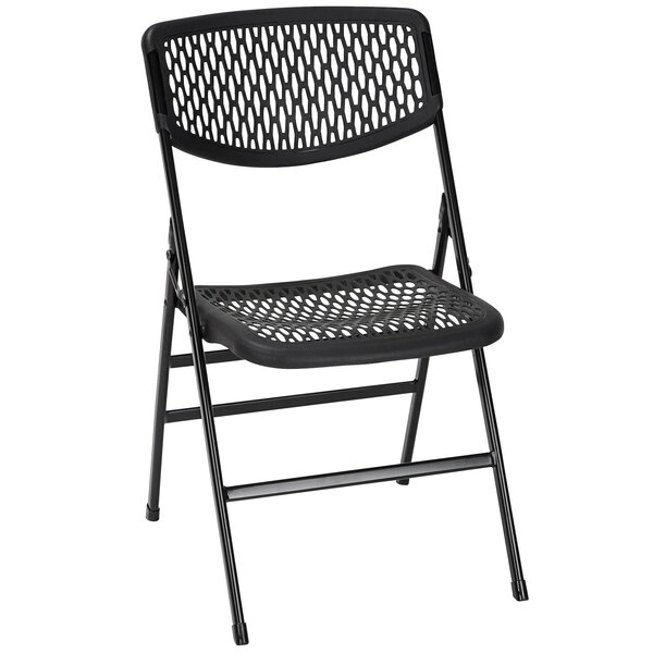 A pack of two black resin folding chairs with mesh seats and backs.