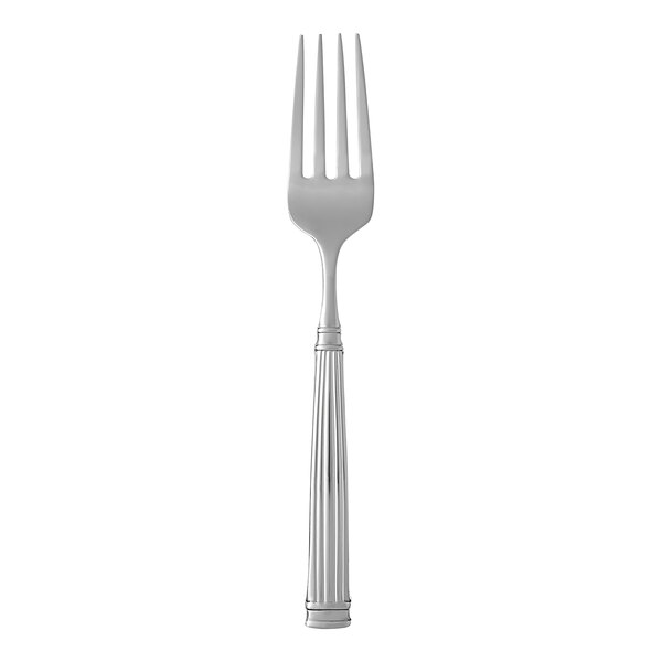 A Fortessa Doria silver extra heavy weight serving fork with a long handle.