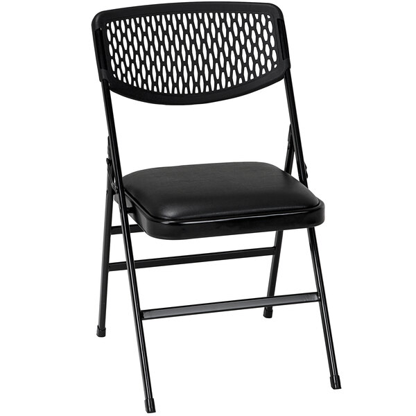 A Bridgeport Essentials black resin folding chair with a black vinyl padded seat.
