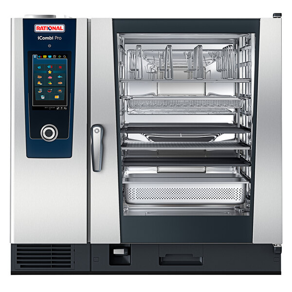A close-up of a Rational iCombi Pro electric combi oven with two doors open.
