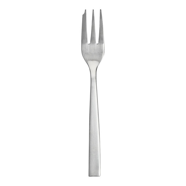 The Fortessa Spada stainless steel appetizer/cake fork with a silver handle.
