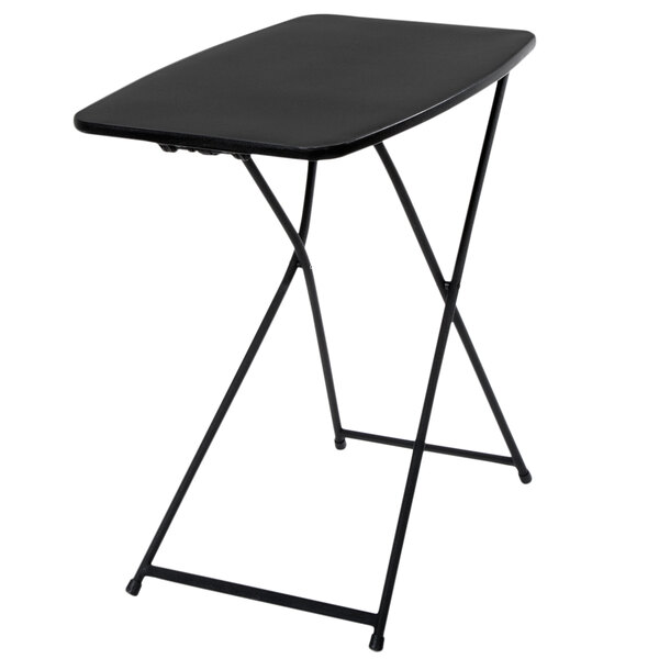 A black rectangular Bridgeport Essentials folding table with legs.