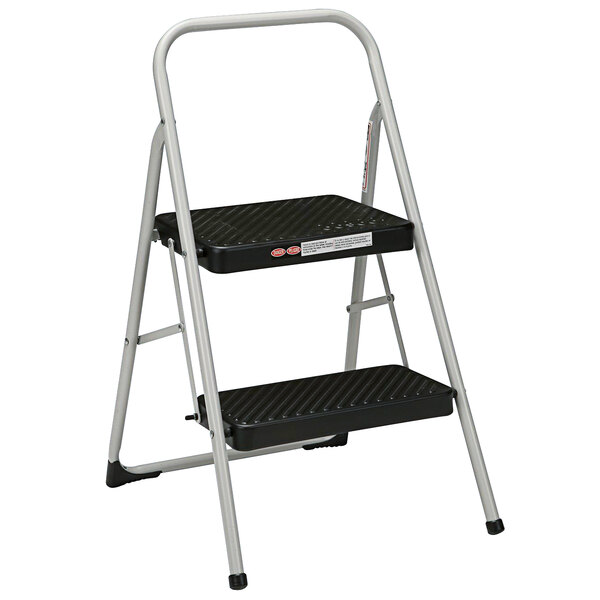 A Cosco silver step ladder with a black top and two steps.
