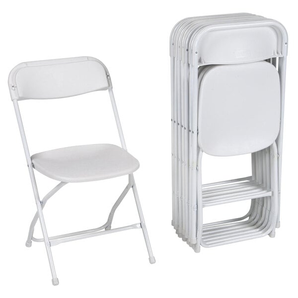 A stack of ZOWN white plastic folding chairs.