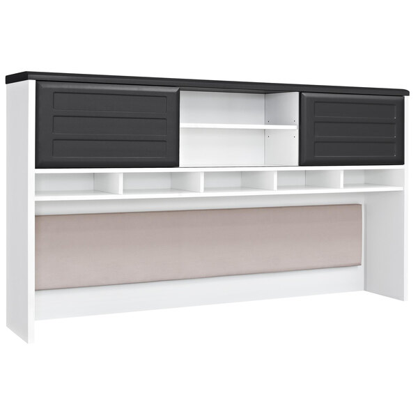 A white and gray Bridgeport desk hutch with sliding doors and cubbies.