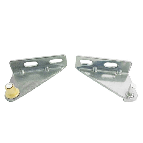 A pair of metal brackets with yellow nuts.