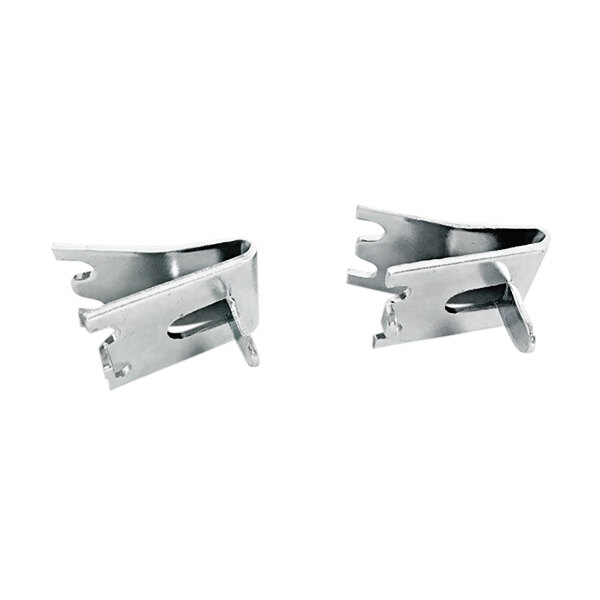 Two silver metal Continental Refrigerator shelf clips.