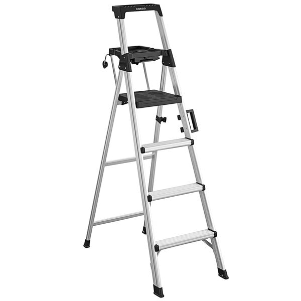 A Cosco aluminum step ladder with black details.
