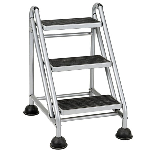 A Cosco metal 3-step ladder with black wheels.