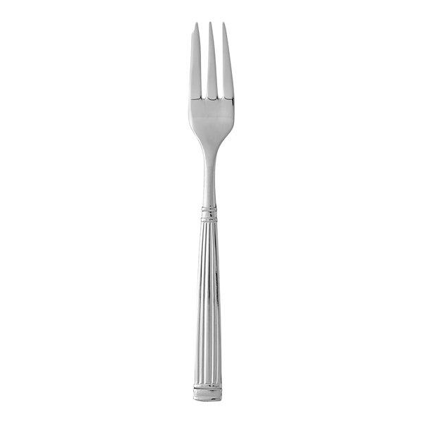 A Fortessa Doria stainless steel cake fork with a silver handle.