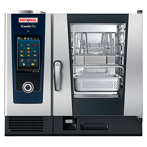 A Rational iCombi Pro natural gas combi oven with a digital display on the door.