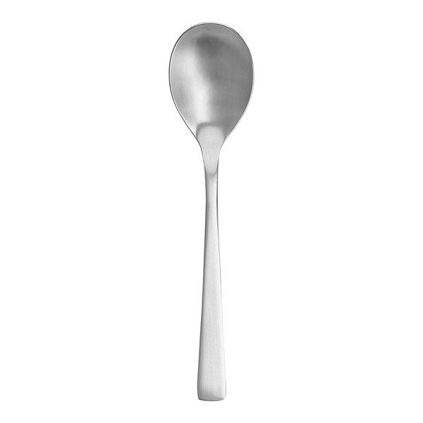 A Fortessa Spada stainless steel oval bowl soup/dessert spoon with a silver handle.