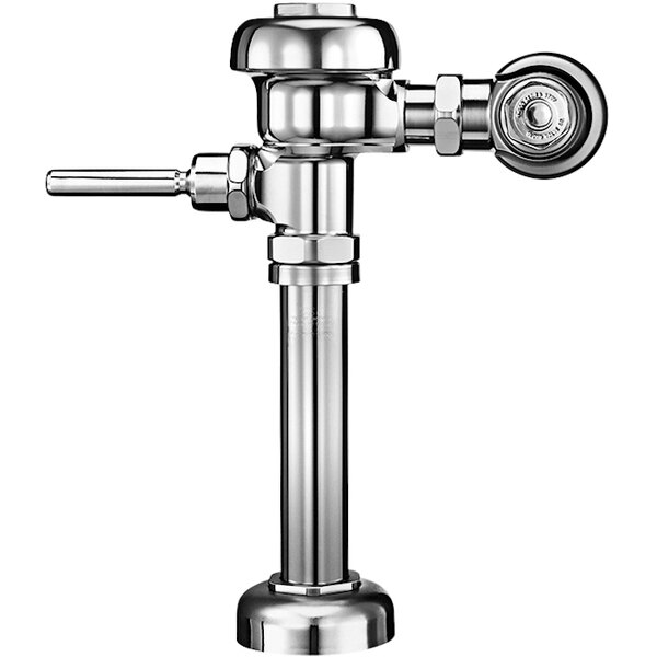 A chrome Sloan toilet flushometer with a handle.