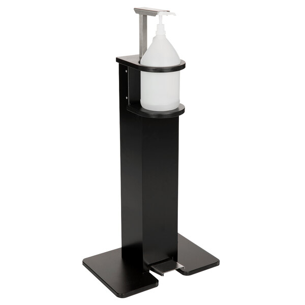 A black freestanding hand sanitizer station with a white bottle on it.