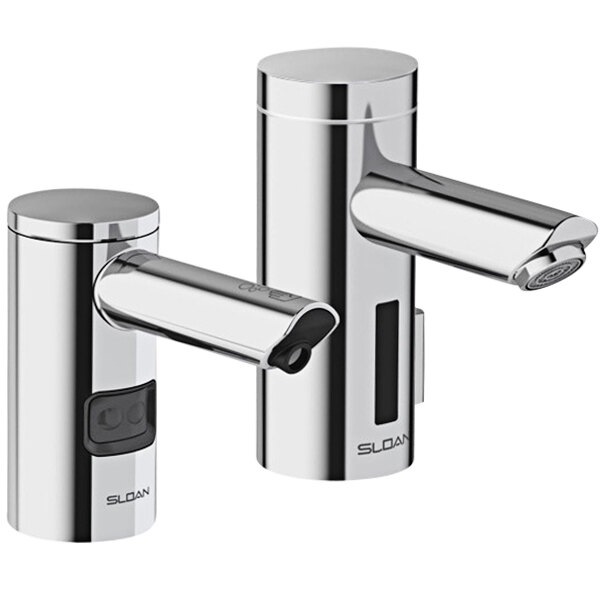 Two chrome Sloan bathroom faucets with a chrome finish and a soap dispenser.
