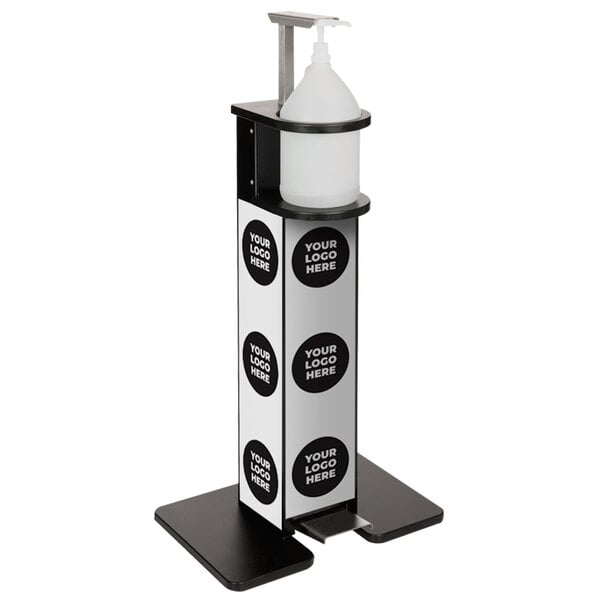A black freestanding hand sanitizer station with white graphics and a foot pedal.