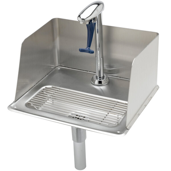 A stainless steel T&S water station with a blue glass filler handle.