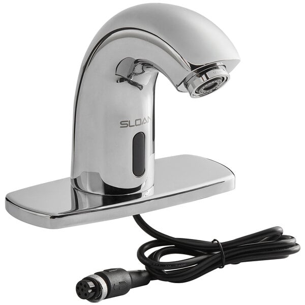 A silver Sloan deck mounted electronic faucet with a cable.