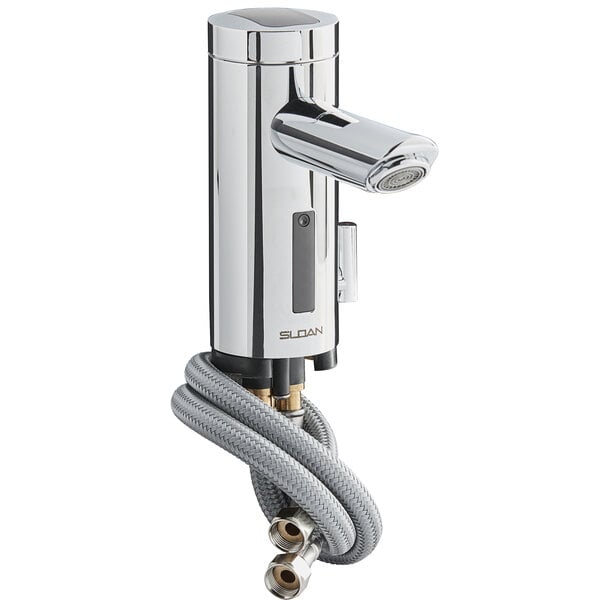A silver Sloan Optima deck mounted sensor faucet with a hose.