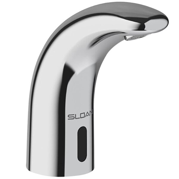 A close-up of a chrome Sloan hands-free faucet with a black sensor button.