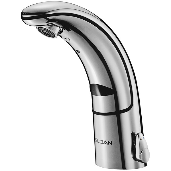 A Sloan chrome deck mounted hands free faucet with integrated side mixer and aerated spray device.