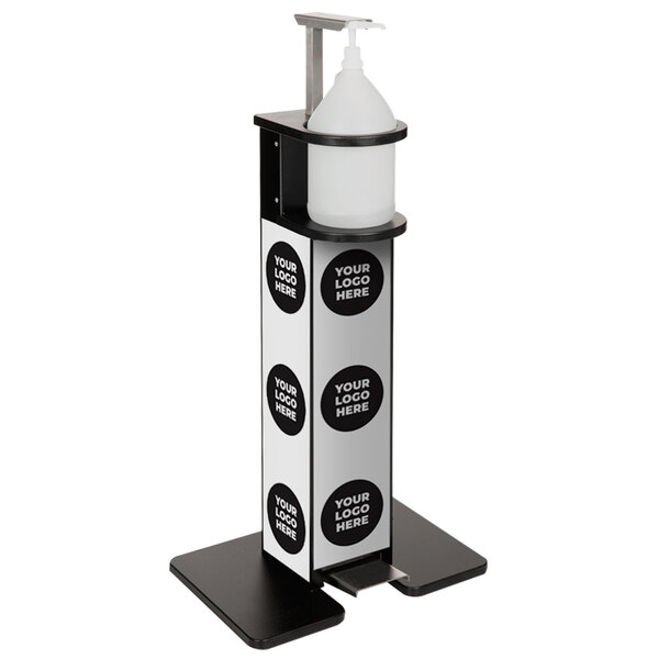 A white cylindrical hand sanitizing station with a black and white stand and graphics.