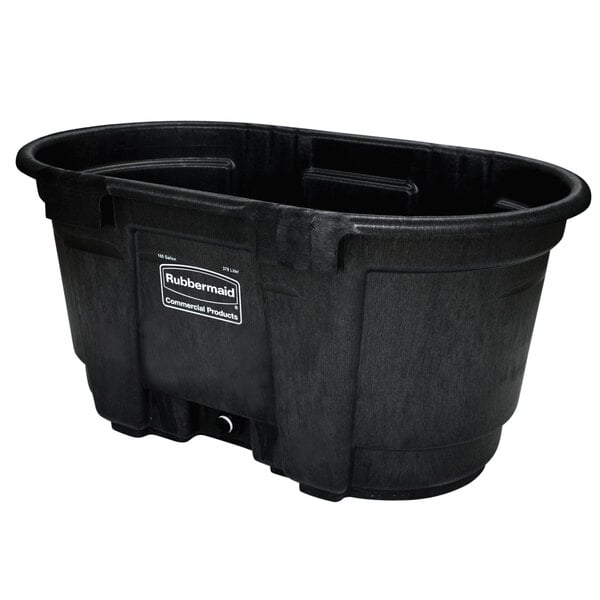 A black Rubbermaid bulk container with an oversized drain plug.