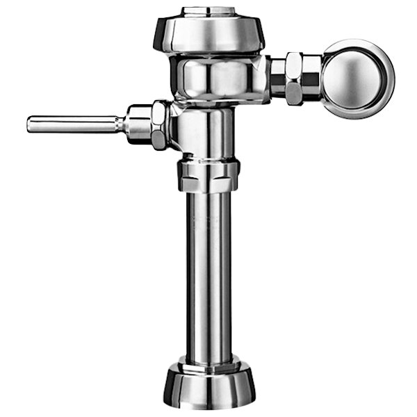 A chrome Sloan Royal water closet flushometer with a handle.