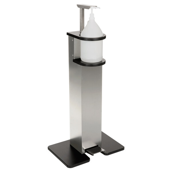 A stainless steel and black freestanding hand sanitizer station with a white cylinder and black accents.