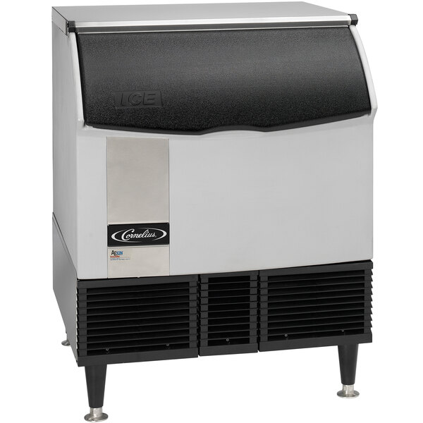 A Cornelius undercounter ice machine with a black lid and silver and black finish.