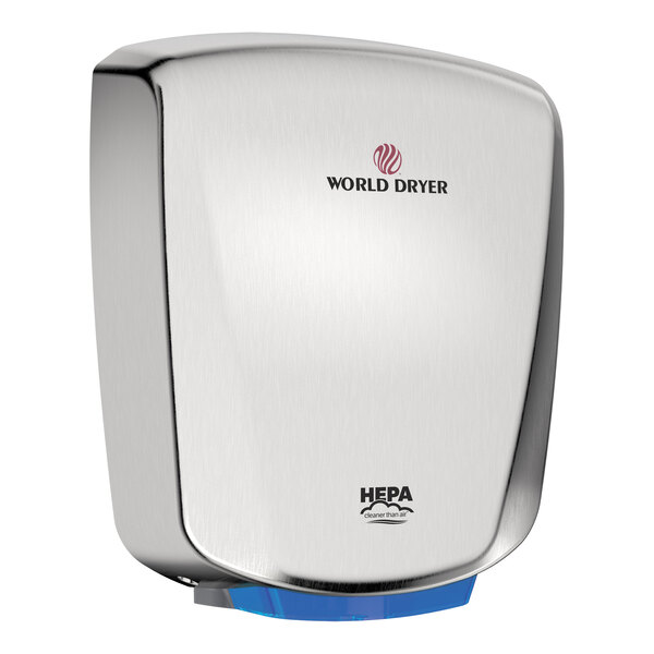 A close-up of a brushed stainless steel World Dryer hand dryer.