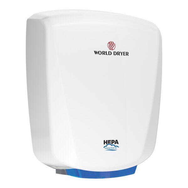 A white World Dryer hand dryer with a blue logo.