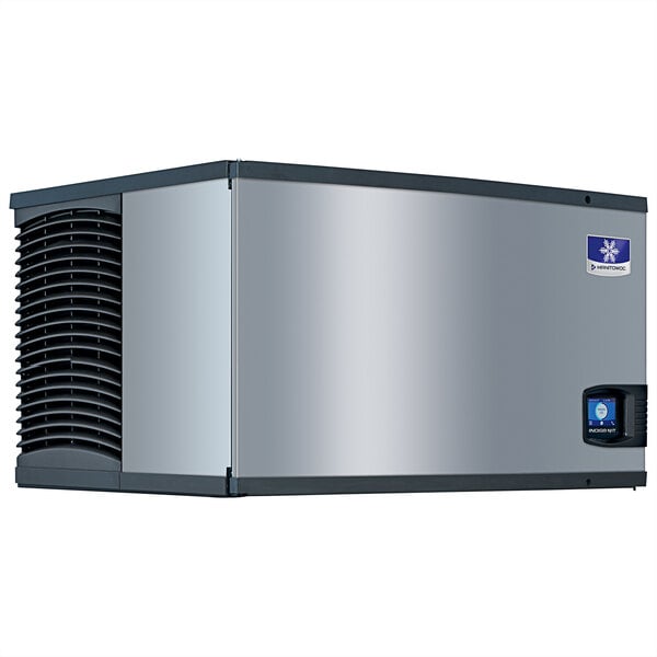 A white Manitowoc Indigo NXT water cooled ice machine with a silver rectangular shape and blue and white logo.