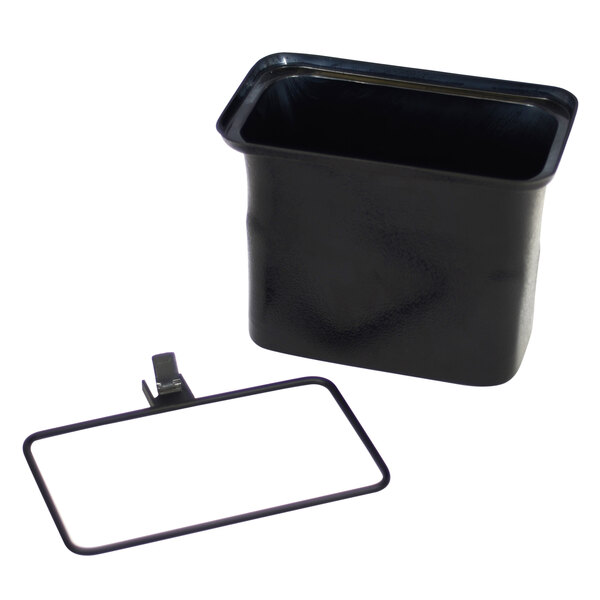 A black plastic square bin with a silver clip on it.