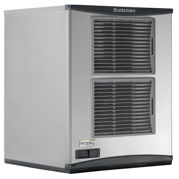 A Scotsman air cooled nugget ice machine with a stainless steel finish.