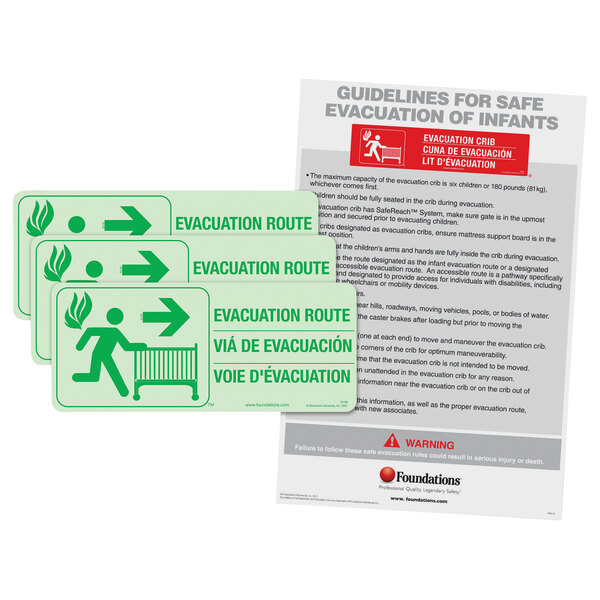 A group of green and white Foundations First Responder Infant Evacuation Protocol signs with instructions.