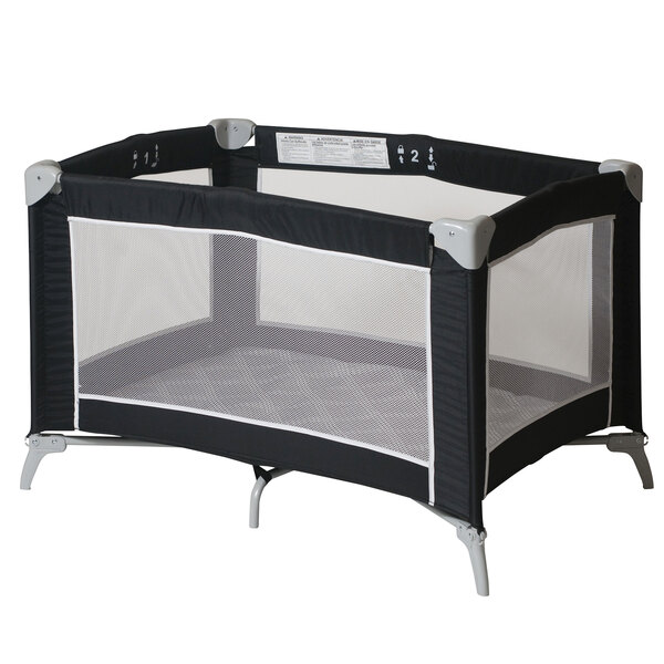 A graphite and black Foundations Sleep 'N' Store playard with mesh sides.