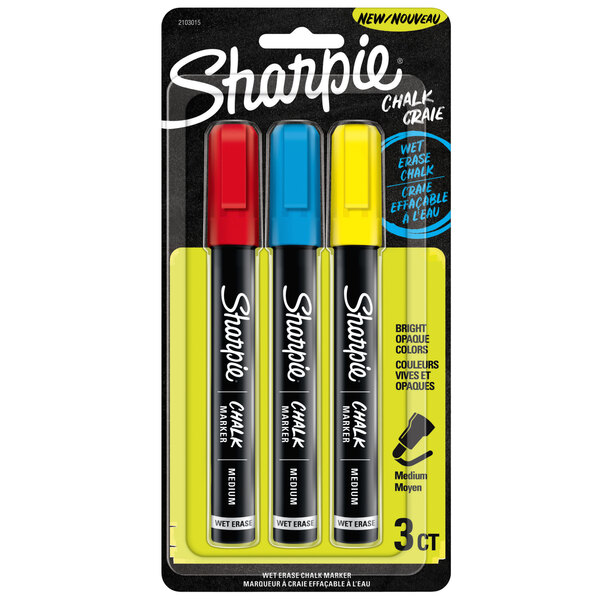 A package of Sharpie medium bullet tip wet erase chalk markers.