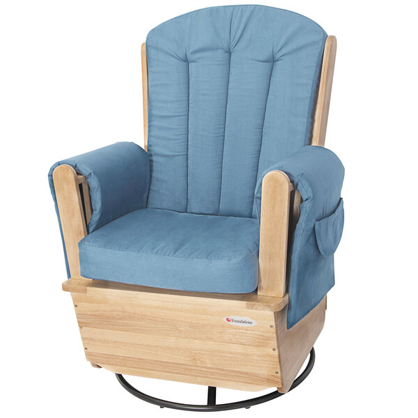 A natural wood glider rocker chair with light blue cushions.