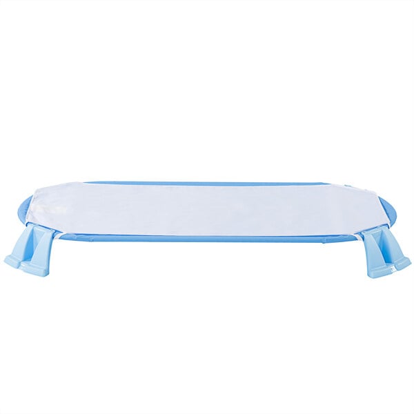 A blue and white plastic tray for Foundations Standard Blue Ergonomic Stackable Cots.