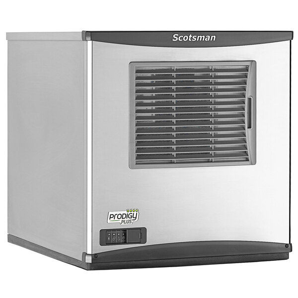 A silver rectangular Scotsman Prodigy Plus air cooled ice machine with a vent.
