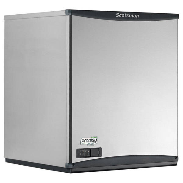 A Scotsman remote cooled flake ice machine with a stainless steel finish.